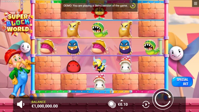 Super Block World slot gameplay with symbols on a 1x3x5x3x1 board