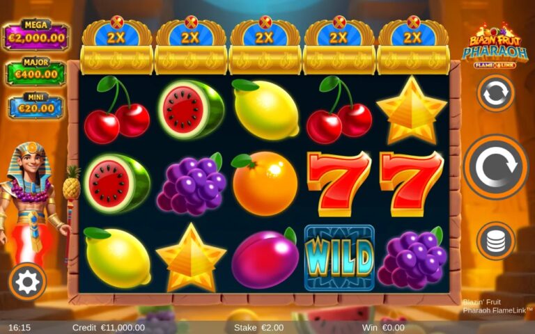 Blazin' Fruit Pharaoh FlameLink slot gameplay with symbols on a 5x3 board