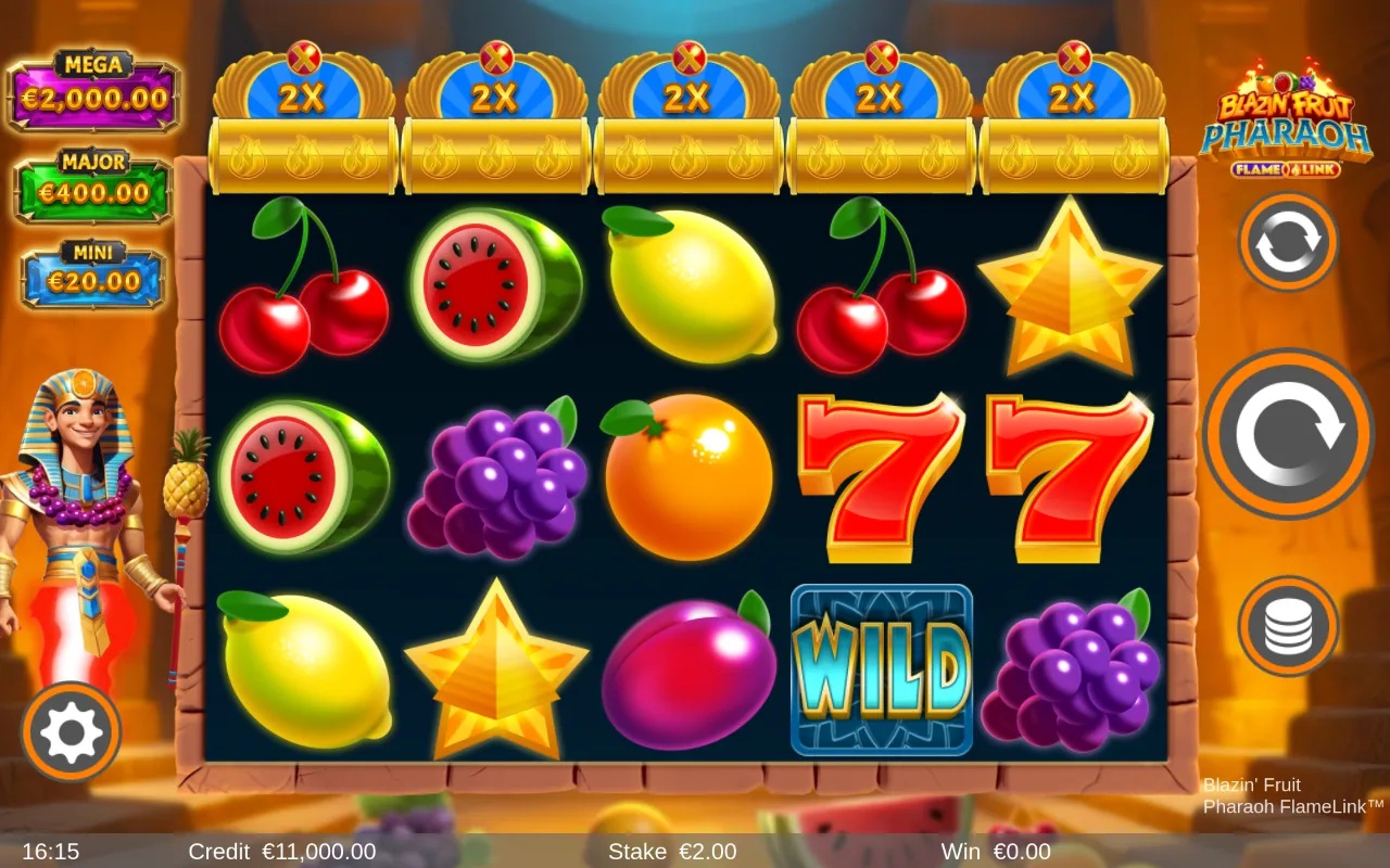 Blazin' Fruit Pharaoh FlameLink slot gameplay with symbols on a 5x3 board