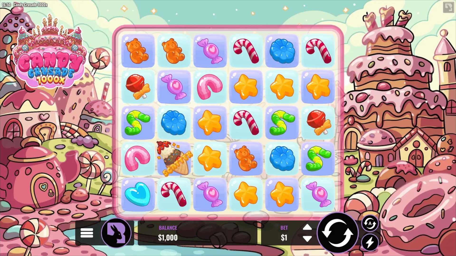 Candy Crusade 1000x slot gameplay with symbols on a 6x5 board