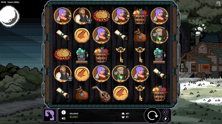 Tavern Wilds slot gameplay with symbols on a 6x5 board