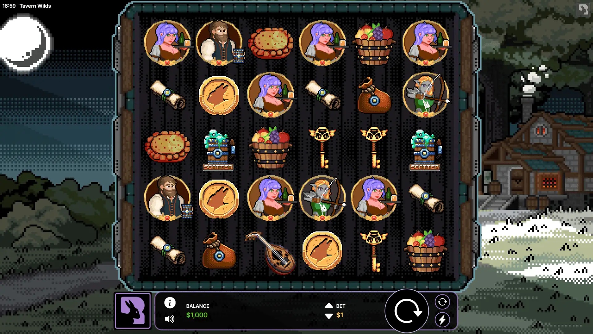 Tavern Wilds slot gameplay with symbols on a 6x5 board