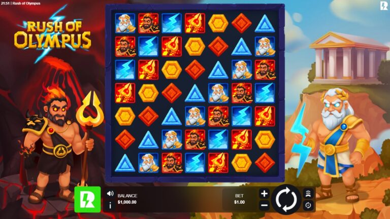 Rush of Olympus slot gameplay with symbols on a 7x7 board