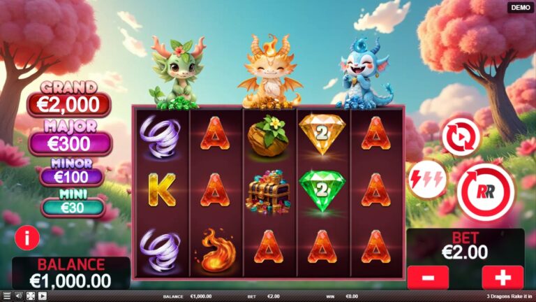 3 Dragons Rake It In slot gameplay with symbols on a 5x3 board