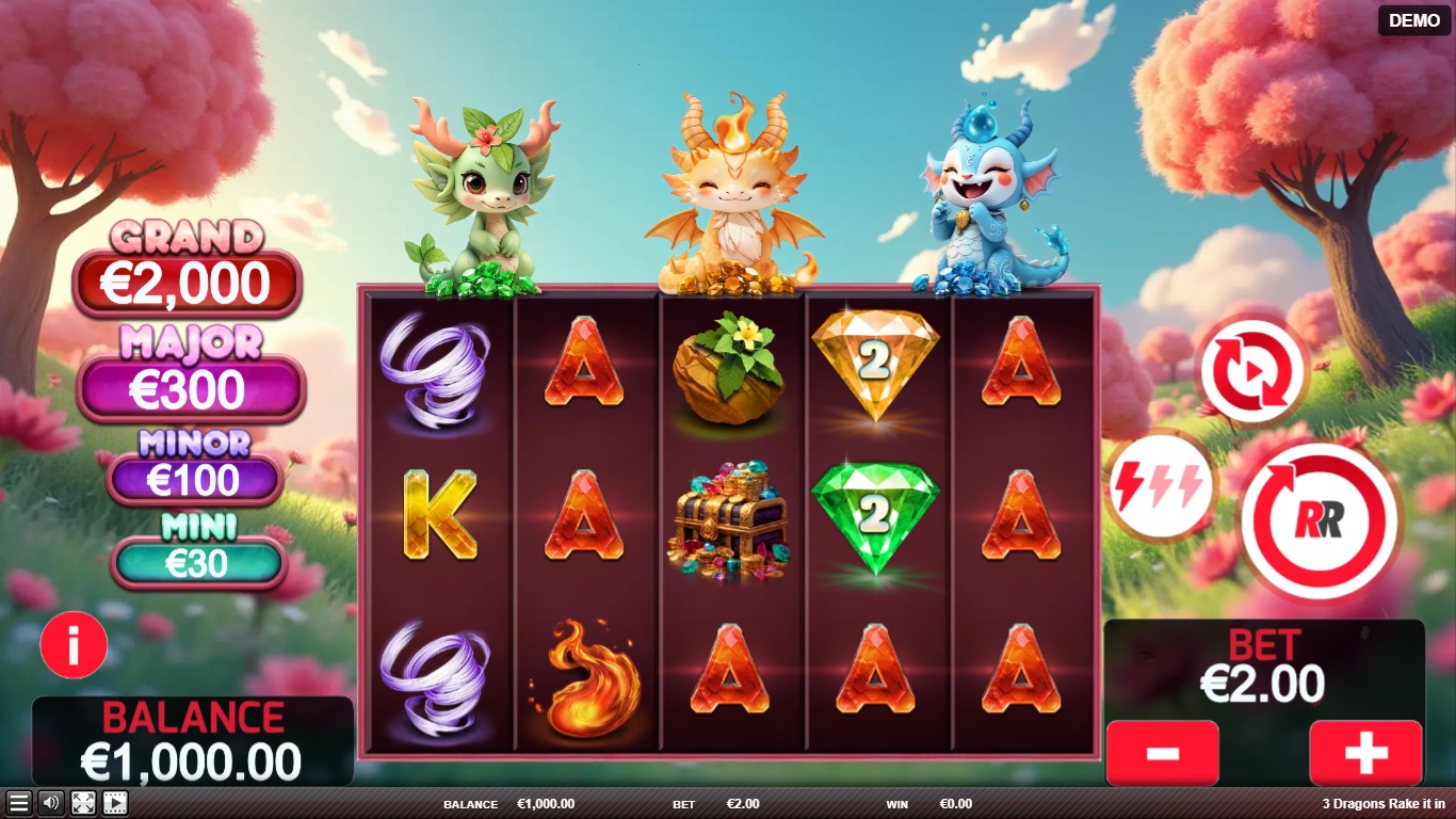 3 Dragons Rake It In slot gameplay with symbols on a 5x3 board