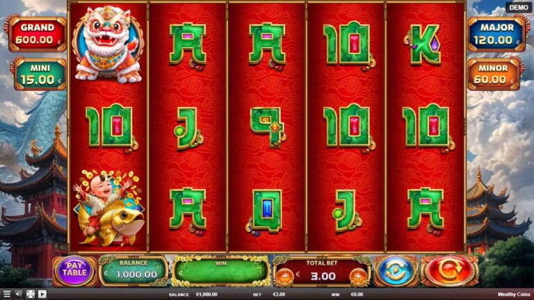 Wealthy Coins slot gameplay with symbols on a 5x3 board