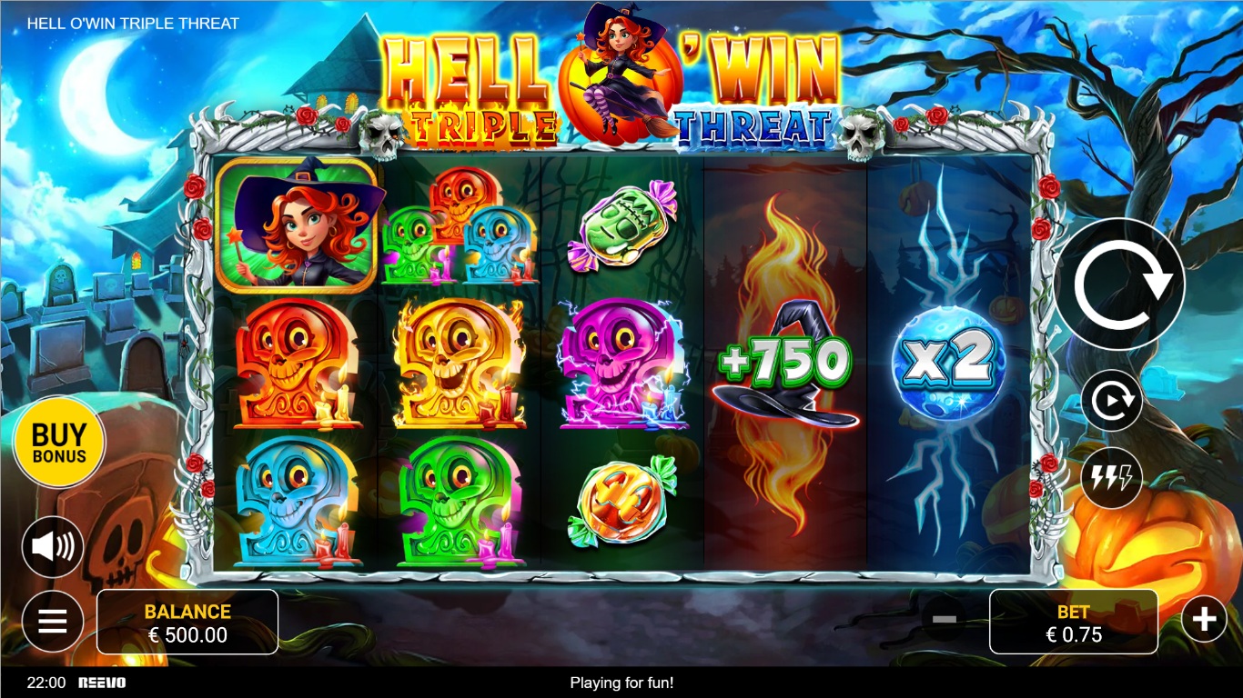 Hell O'Win Triple Threat slot gameplay with symbols on a 5x3 (3 main + 2 feature reels) board