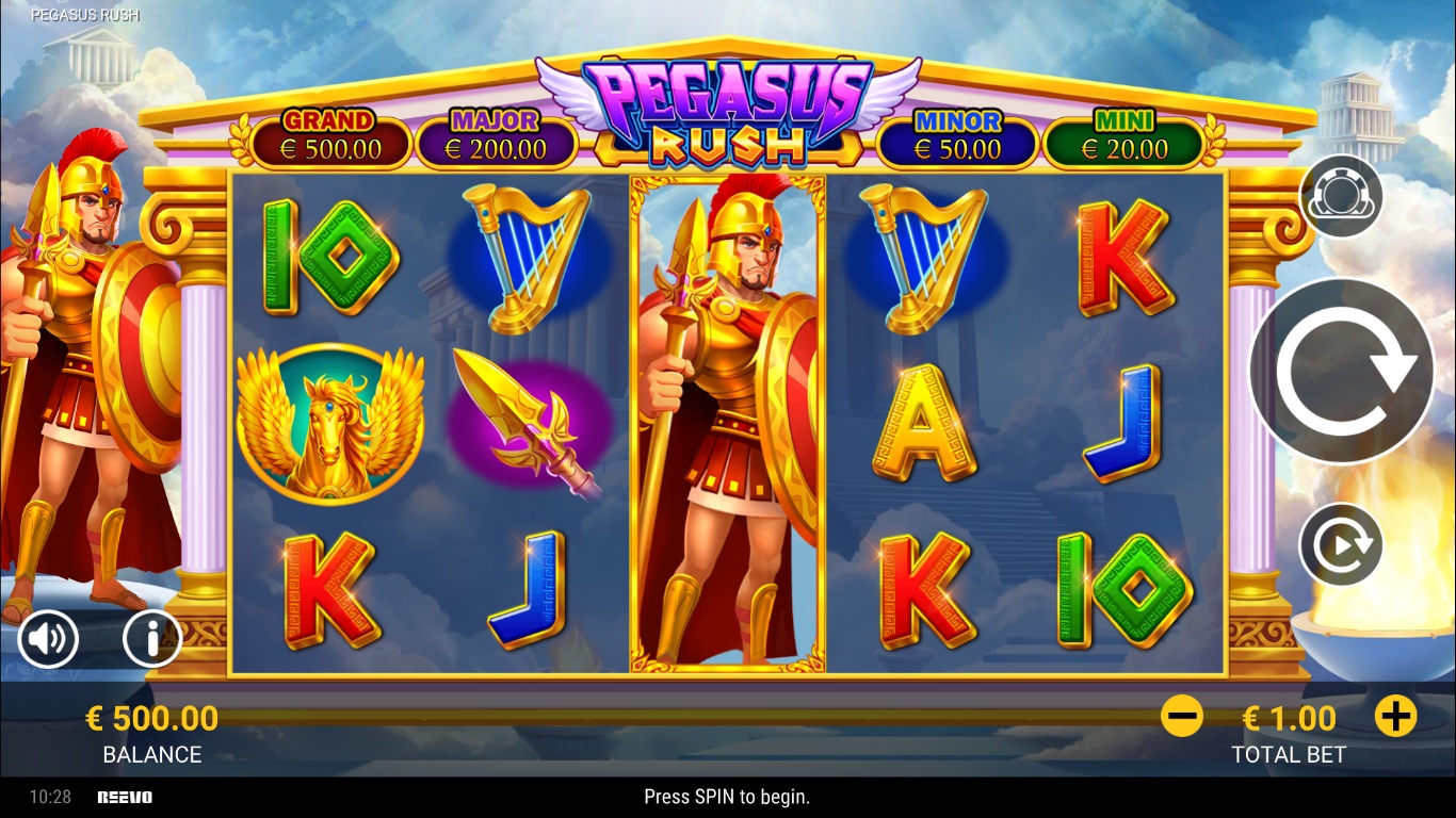 Pegasus Rush slot gameplay with symbols on a 5x3 board