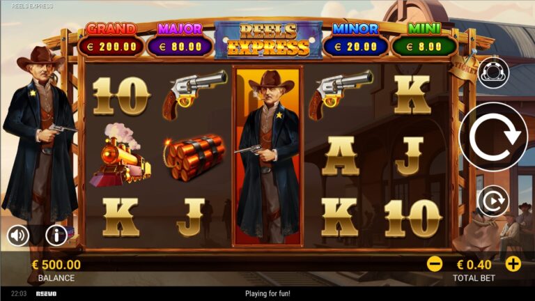 Reels Express slot gameplay with symbols on a 5x3 board