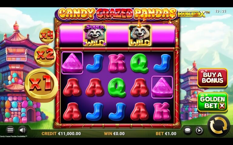 Candy Crazed Pandas DoubleMax slot gameplay with symbols on a 5x3 board
