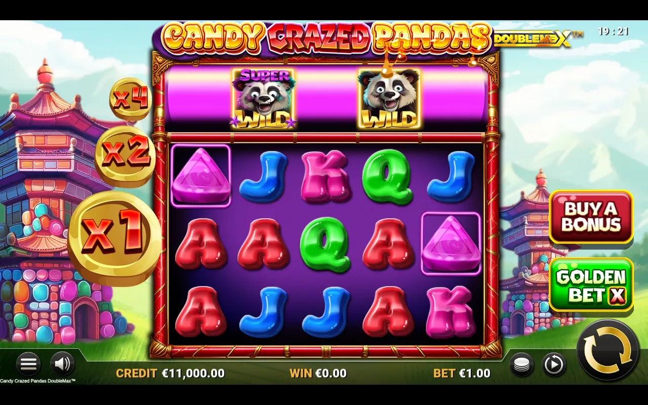 Candy Crazed Pandas DoubleMax slot gameplay with symbols on a 5x3 board