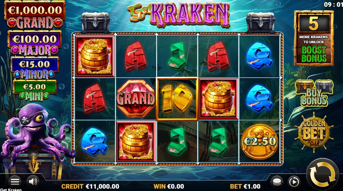 Get Kraken slot gameplay with symbols on a 5x3 board