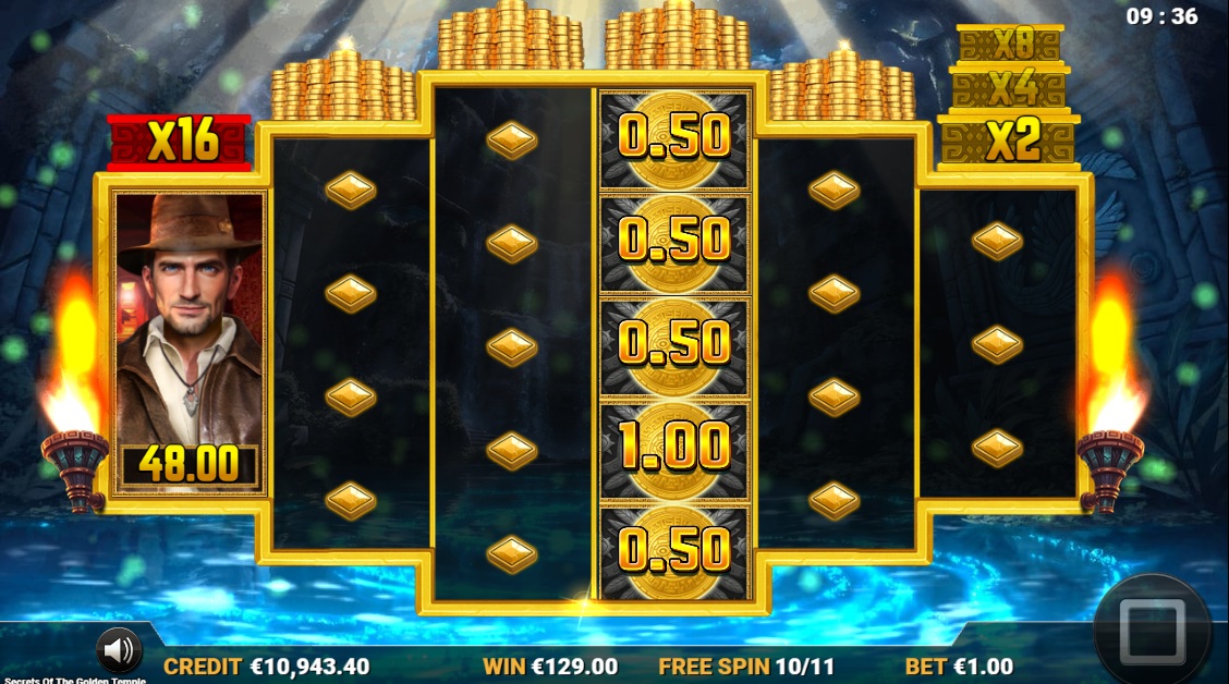 Secrets of the Golden Temple slot gameplay with symbols on a 3x4x5x5x4x3 board