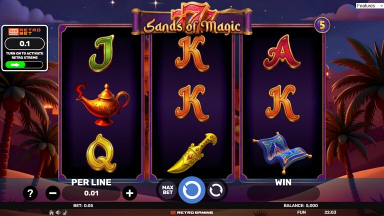 777 - Sands of Magic slot gameplay with symbols on a 3x3 board