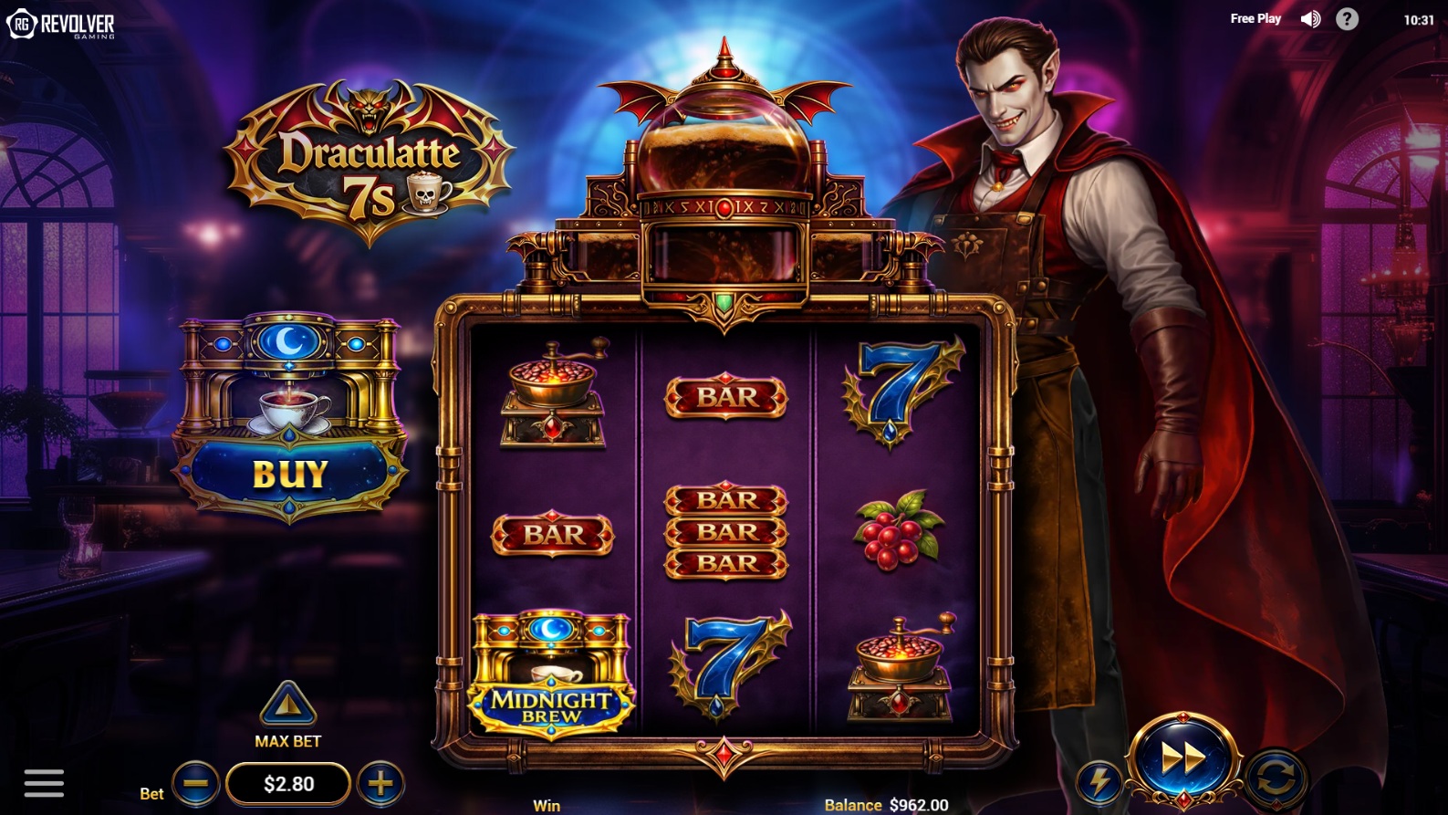 Draculatte 7s slot gameplay showing symbols on a 3x3 board