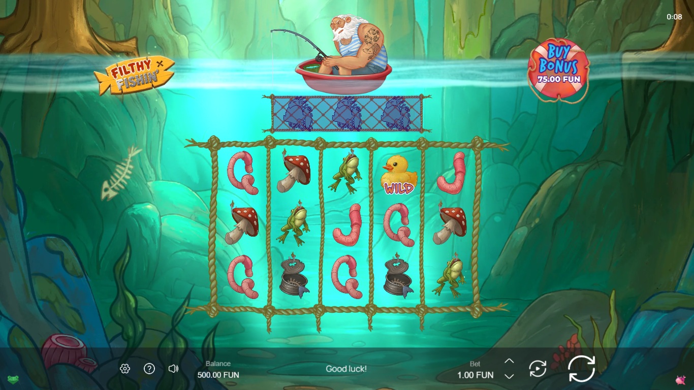Filthy Fishin' slot gameplay showing symbols on a 5x3 board