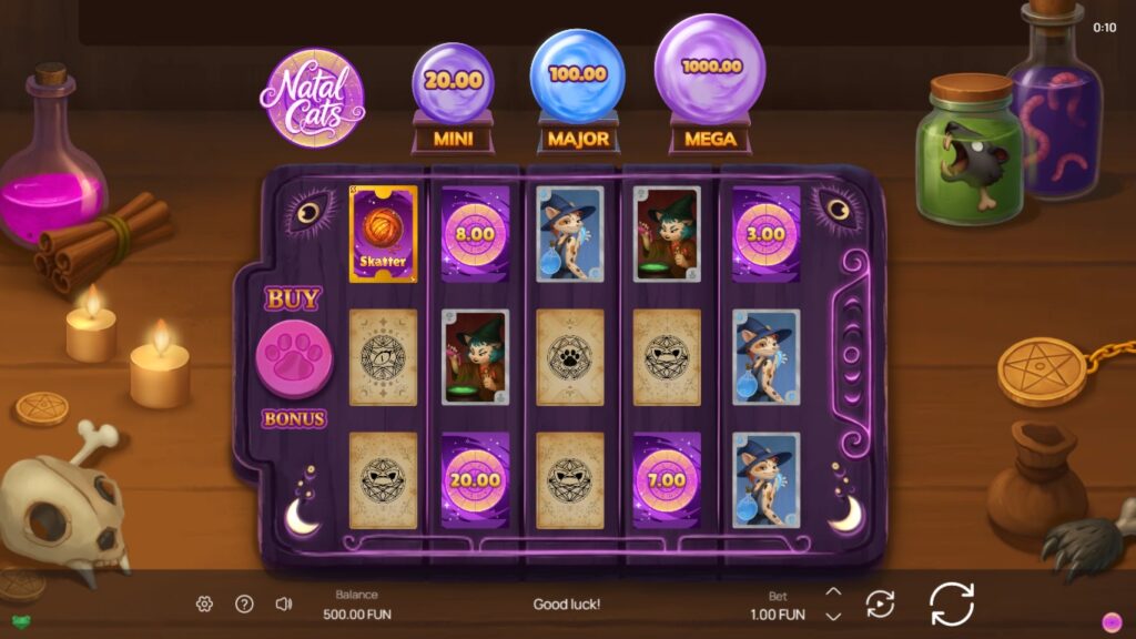 Natal Cats slot gameplay showing symbols on a 5x3 board
