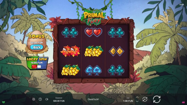 Primal Fury slot gameplay showing symbols on a 3x3 board