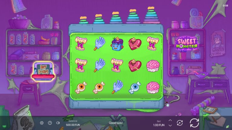 Sweet Monster slot gameplay showing symbols on a 5x3 board
