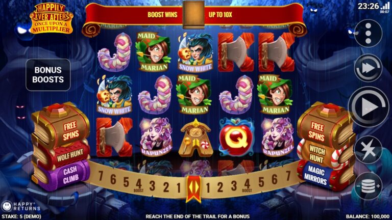 Happily Ever After - Once Upon a Multiplier slot gameplay showing symbols on a 5x3 board