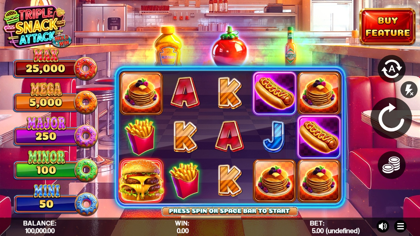 Triple Snack Attack slot gameplay showing symbols on a 5x3 board