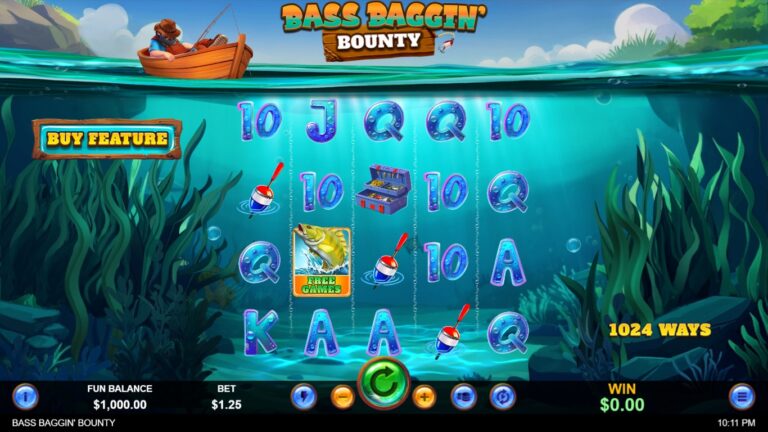 Bass Baggin' Bounty slot gameplay showing symbols on a 5x4 board