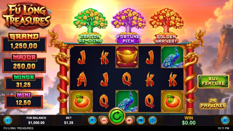 Fu Long Treasures slot gameplay showing symbols on a 5x3 board