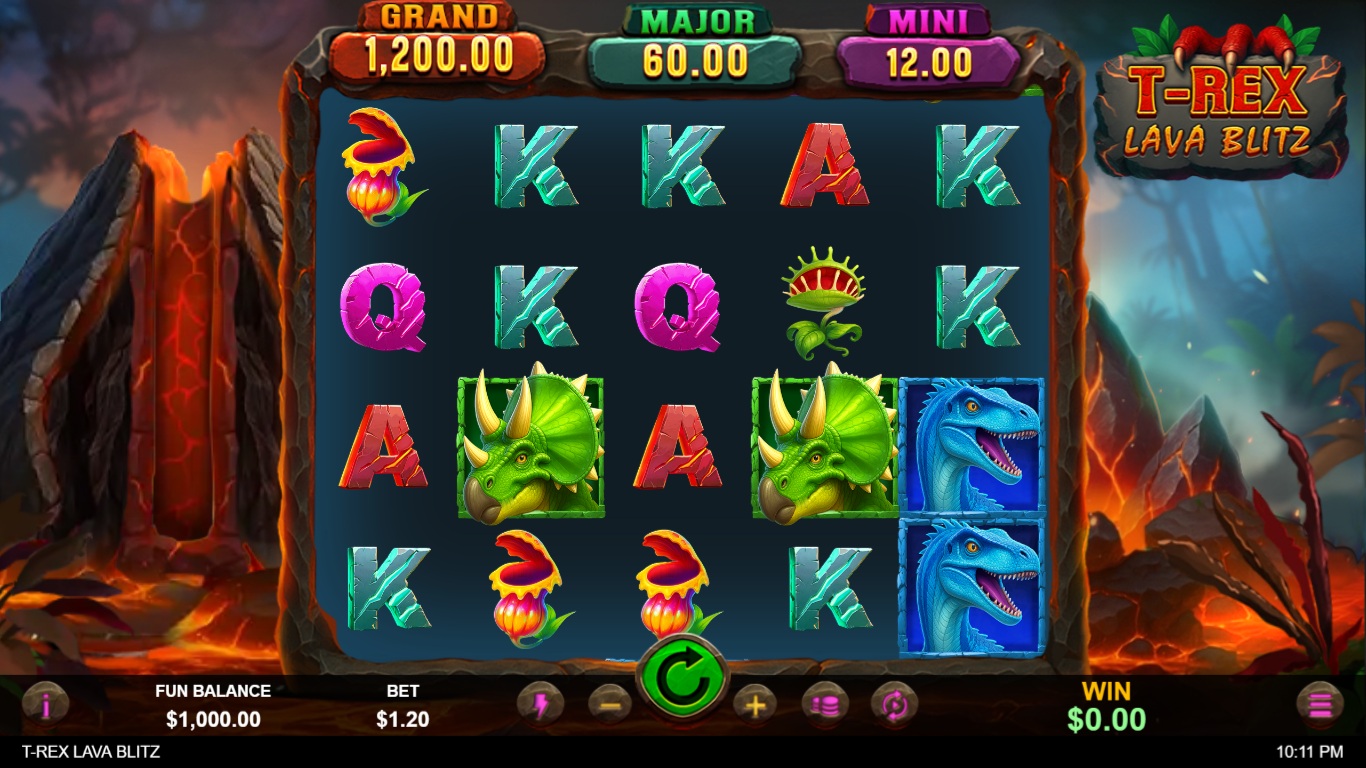 T-Rex Lava Blitz slot gameplay showing symbols on a 5x4 board