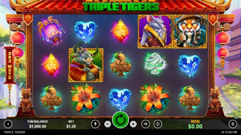 Triple Tigers slot gameplay showing symbols on a 5x3 board