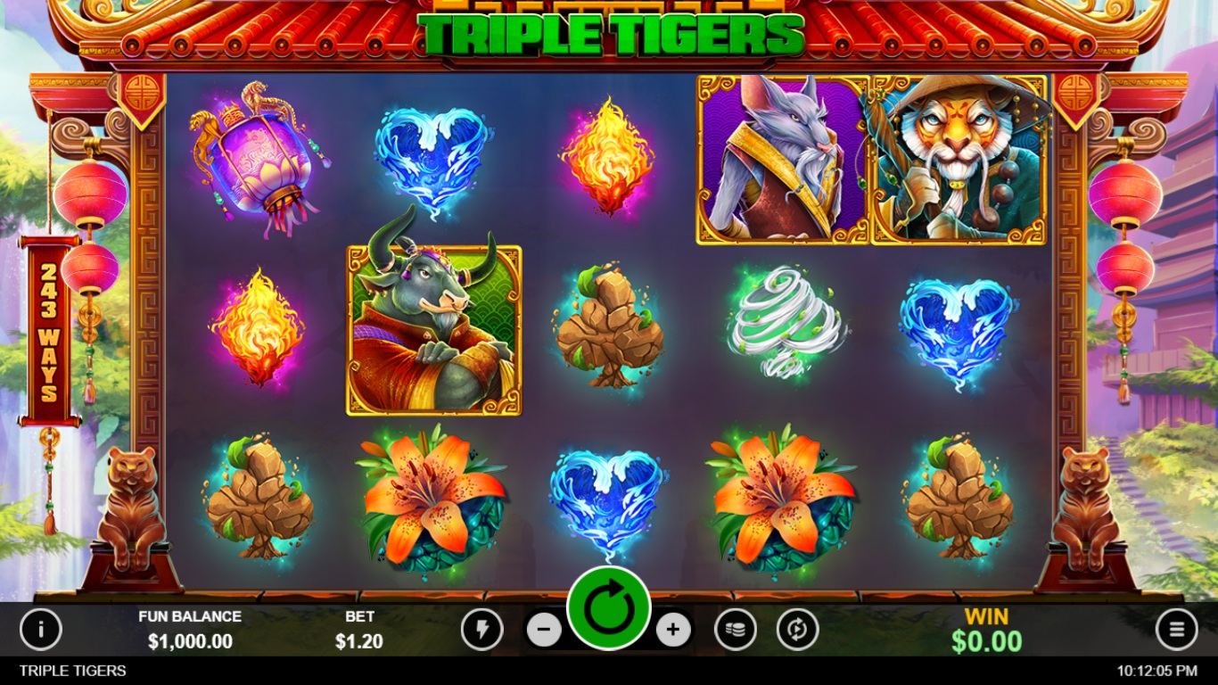 Triple Tigers slot gameplay showing symbols on a 5x3 board