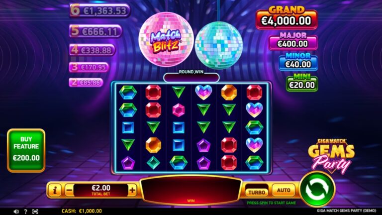 Giga Match Gems Party slot gameplay showing symbols on a 6x5 board