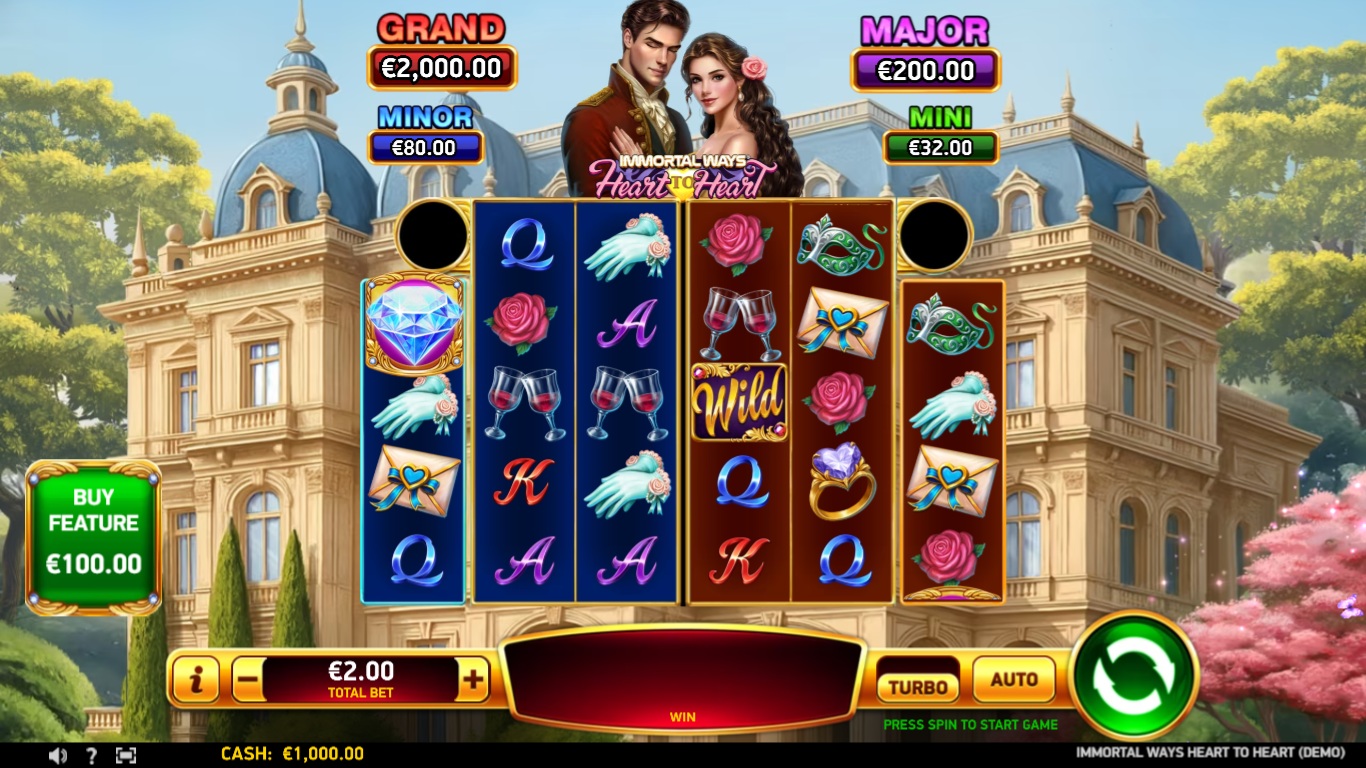 Immortal Ways Heart to Heart slot gameplay showing symbols on a 4x5x5x5x5x4 board