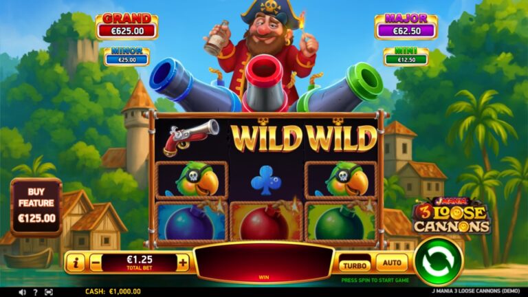 J Mania 3 Loose Cannons slot gameplay showing symbols on a 3x3 board
