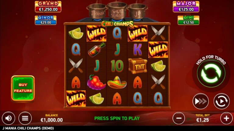 J Mania Chili Champs slot gameplay showing symbols on a 5x5 board