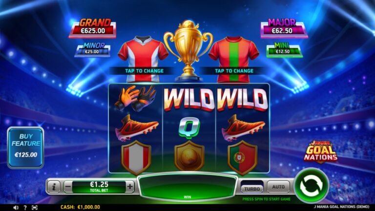 J Mania Goal Nations slot gameplay showing symbols on a 3x3 board