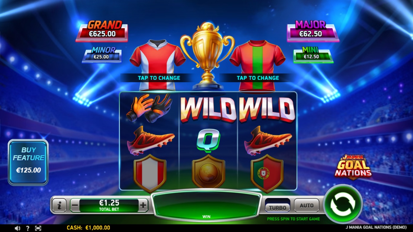 J Mania Goal Nations slot gameplay showing symbols on a 3x3 board