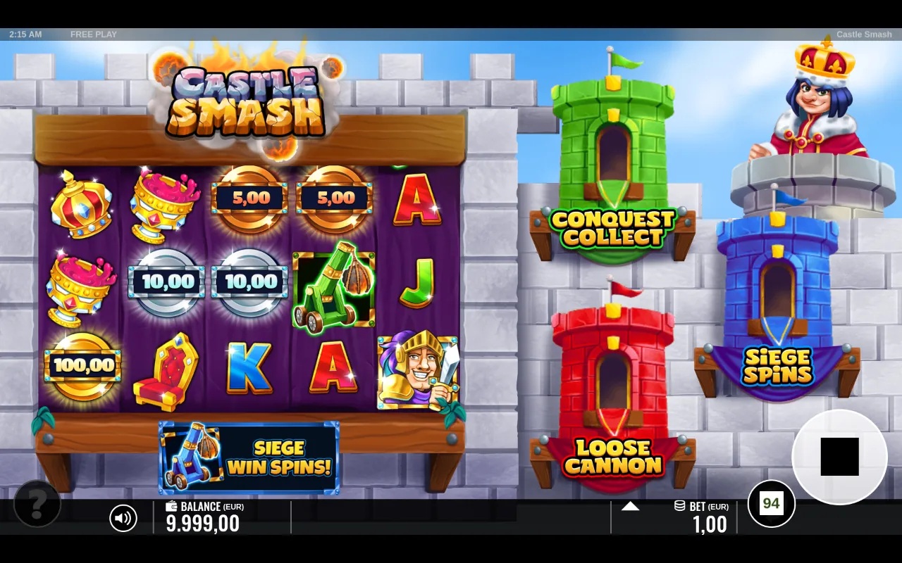 Castle Smash slot gameplay showing symbols on a 5x3 board