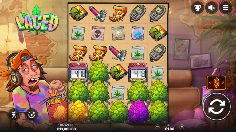 Laced slot gameplay showing symbols on a 5x6 board