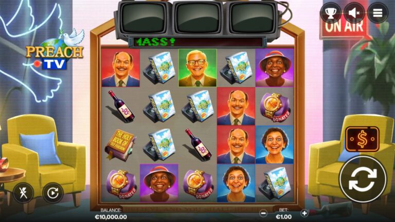 Preach TV slot gameplay showing symbols on a 5x4 board