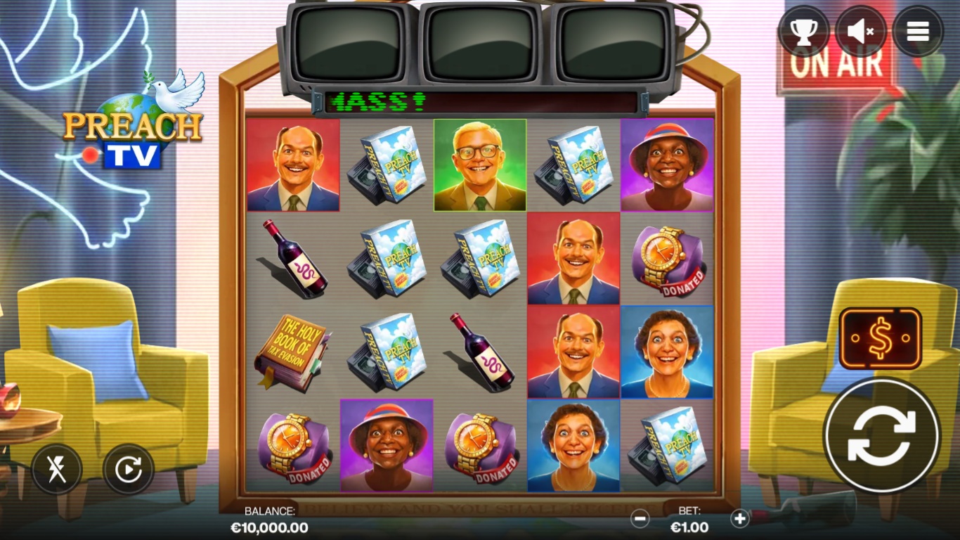 Preach TV slot gameplay showing symbols on a 5x4 board