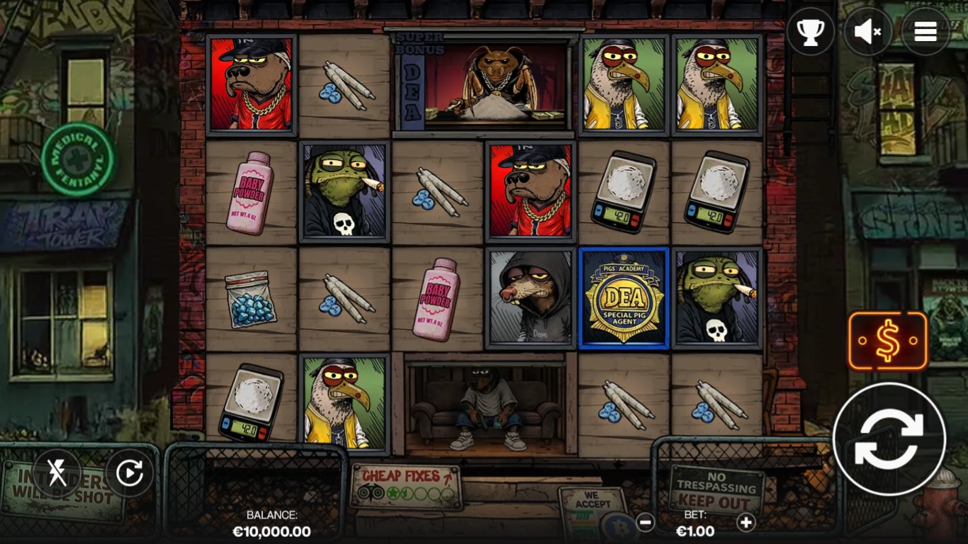Trap Tower slot gameplay showing symbols on a 4x4x2x2x4x4 board