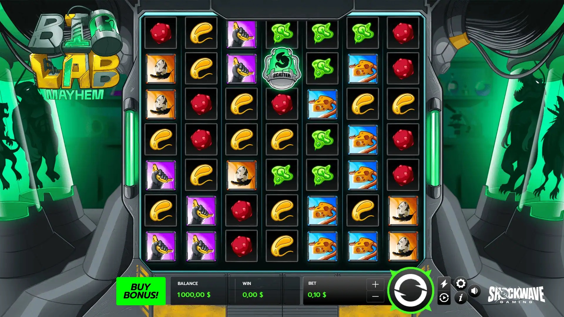 Biolab Mayhem slot gameplay showing symbols on a 7x7 board