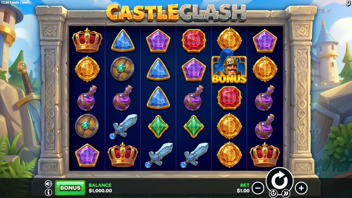 Castle Clash slot gameplay showing symbols on a 6x5 board