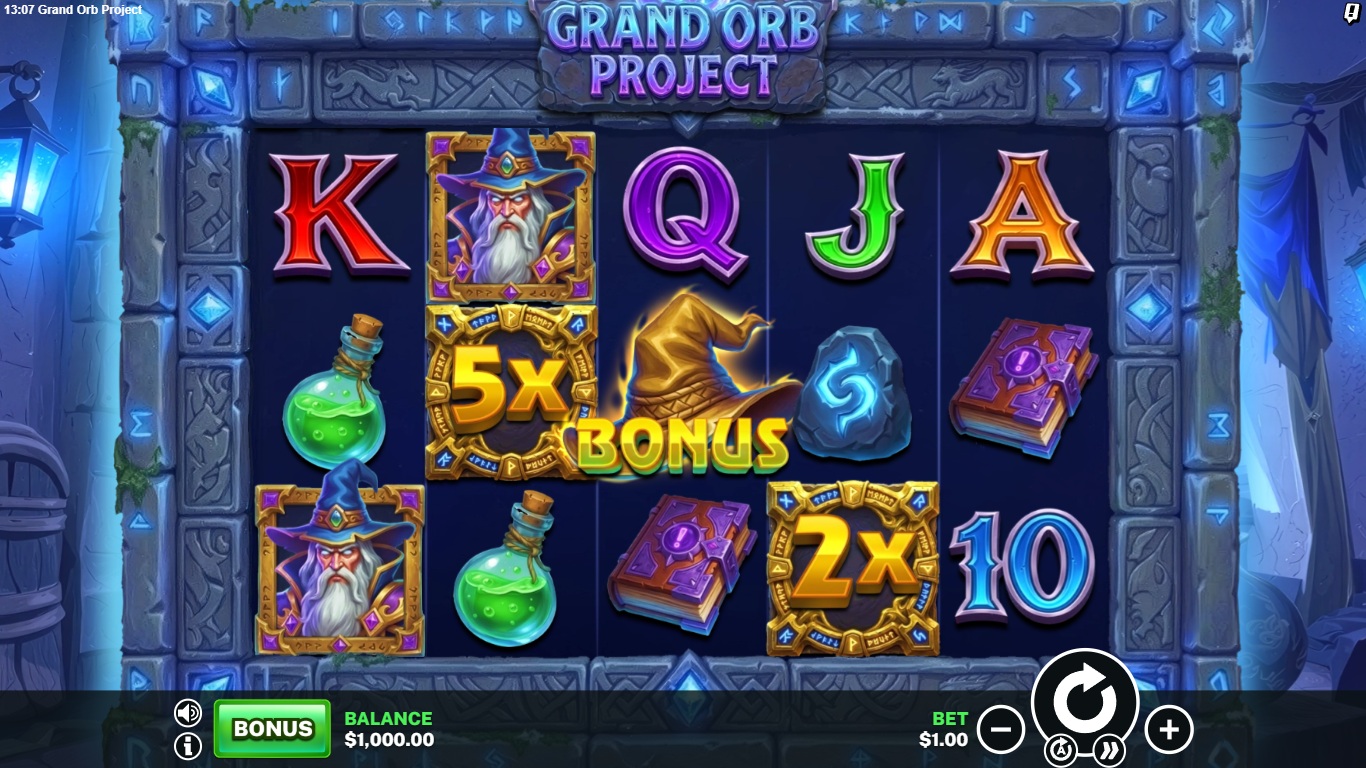 Grand Orb Project slot gameplay showing symbols on a 5x3 board