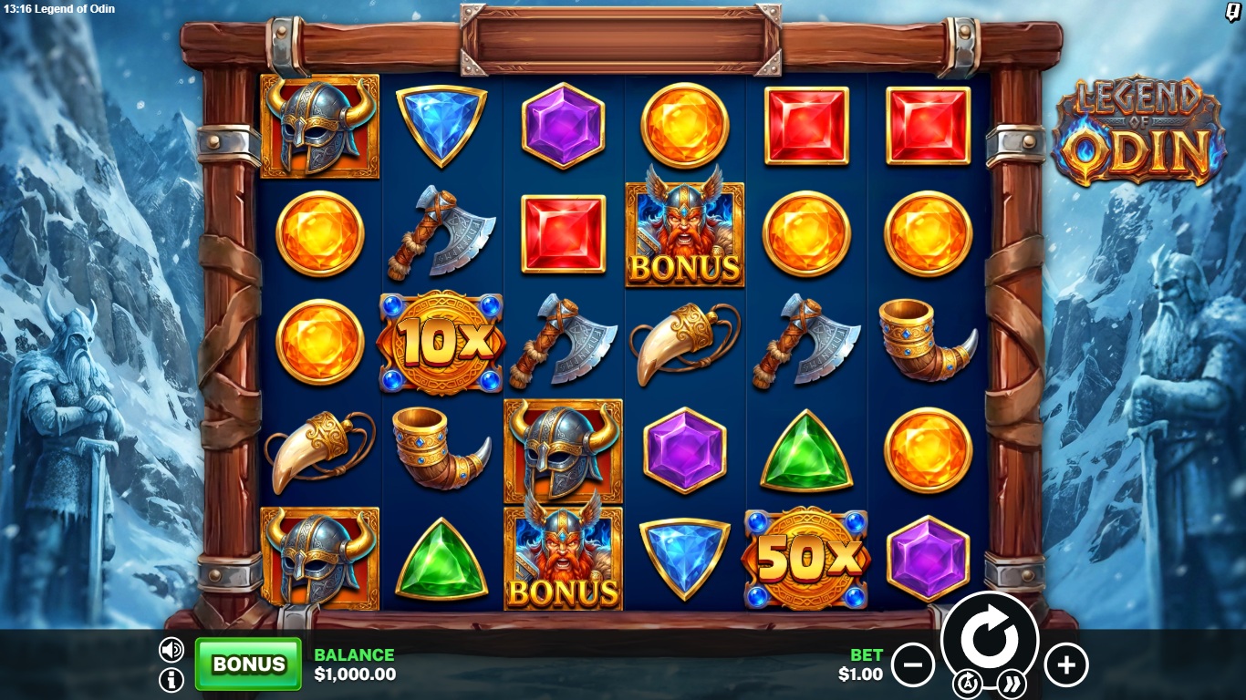 Legend of Odin slot gameplay showing symbols on a 6x5 board