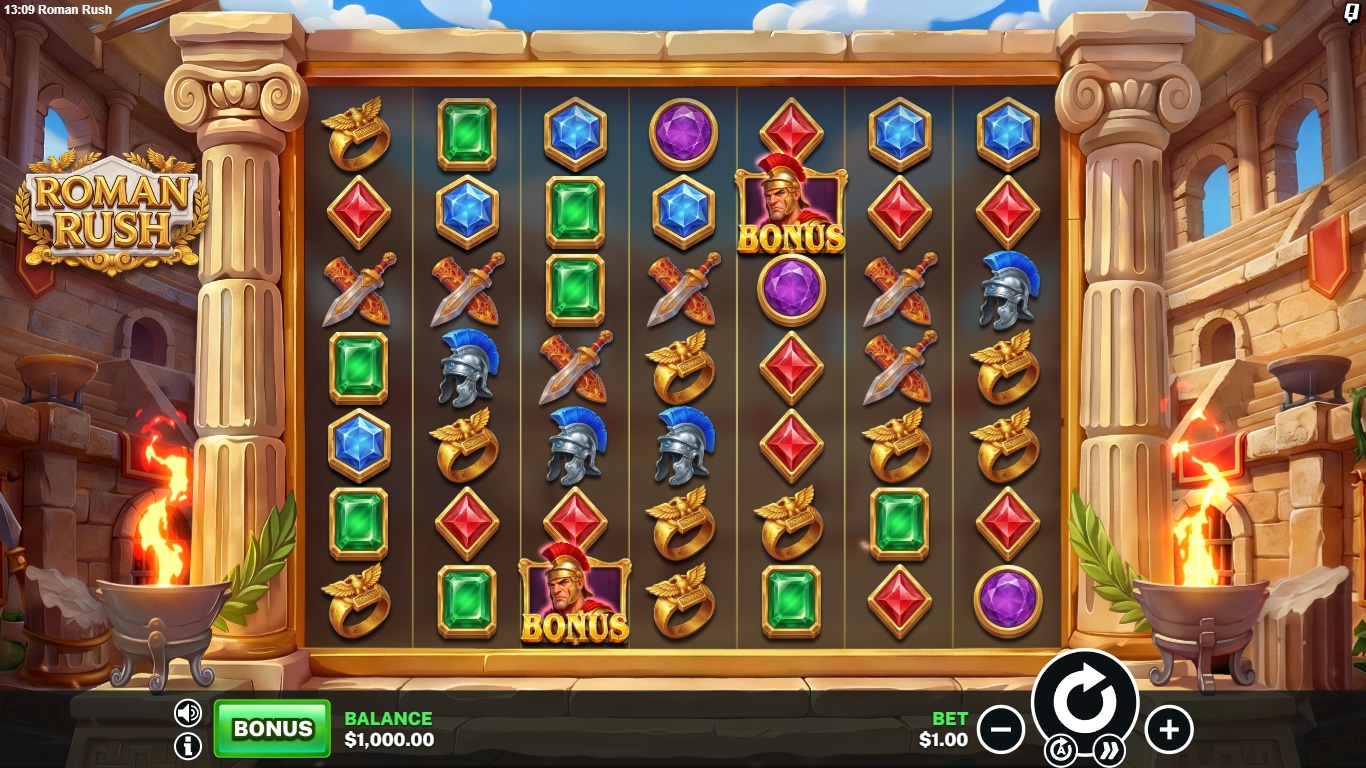 Roman Rush slot gameplay showing symbols on a 7x7 board