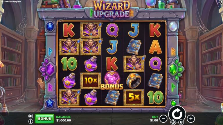 Wizard Upgrade slot gameplay showing symbols on a 5x5 board