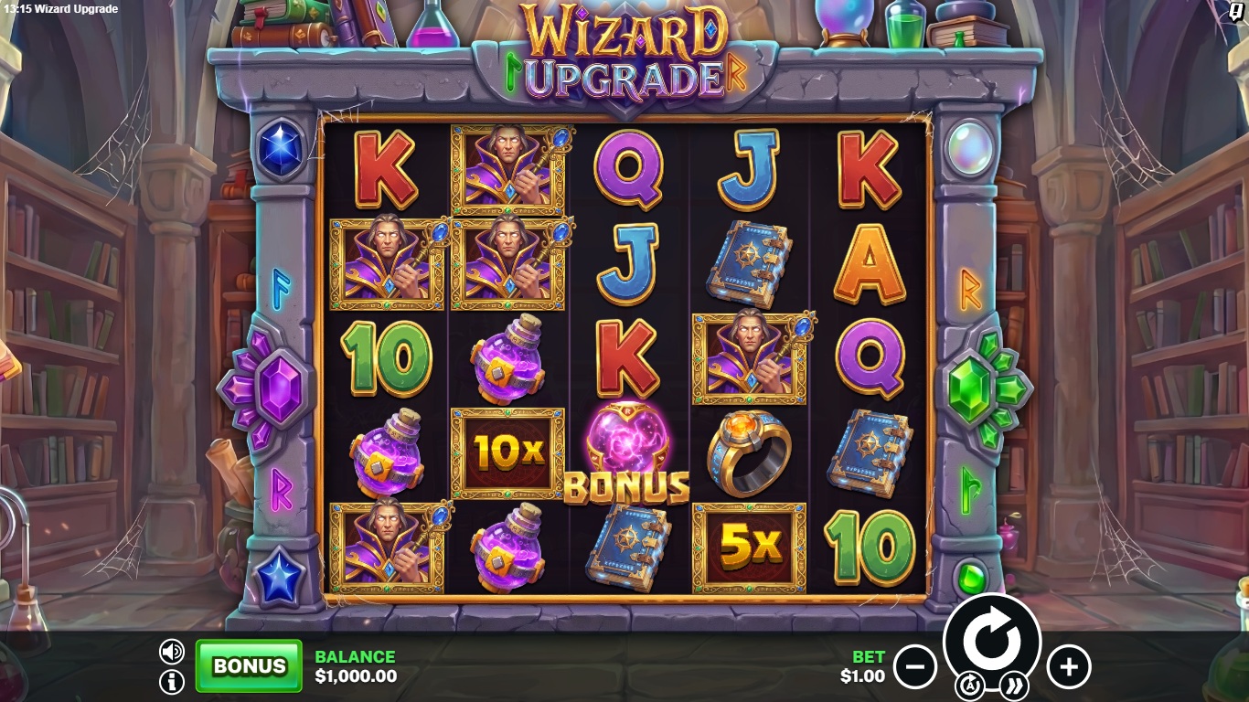 Wizard Upgrade slot gameplay showing symbols on a 5x5 board