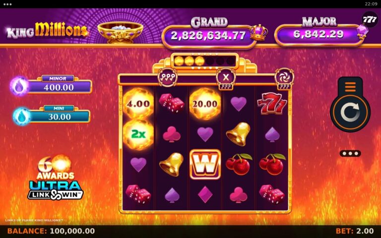Links of Flame King Millions slot gameplay showing symbols on a 5x4 board