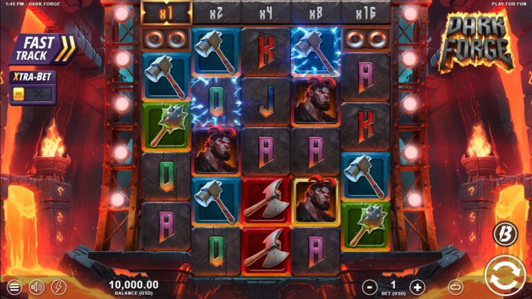 Dark Forge slot gameplay showing symbols on a 4x5x5x5x4 board